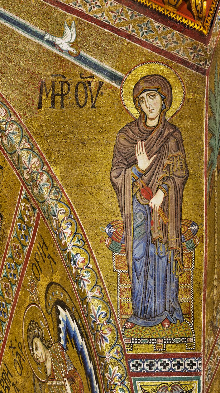 Apsid: Annonsera jungfru, bysantinsk mosaik med gyllene bakgrund i absidens tympanon (mosaik) av Byzantine