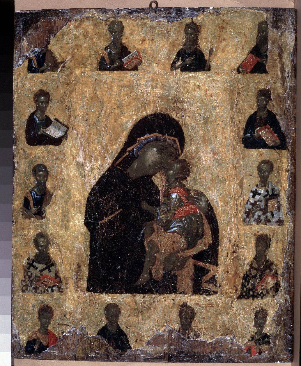 Bysantinsk konst: ""The Virgin of Tenderness with Saints"" eller ""Jirgin of Eleousa"" (Jungfru av Tenderness with the Saints (The Virgin Eleusa) 1300-talsikon Eremitagemuseet, Sankt Petersburg (Saint-Petersburg) av Byzantine
