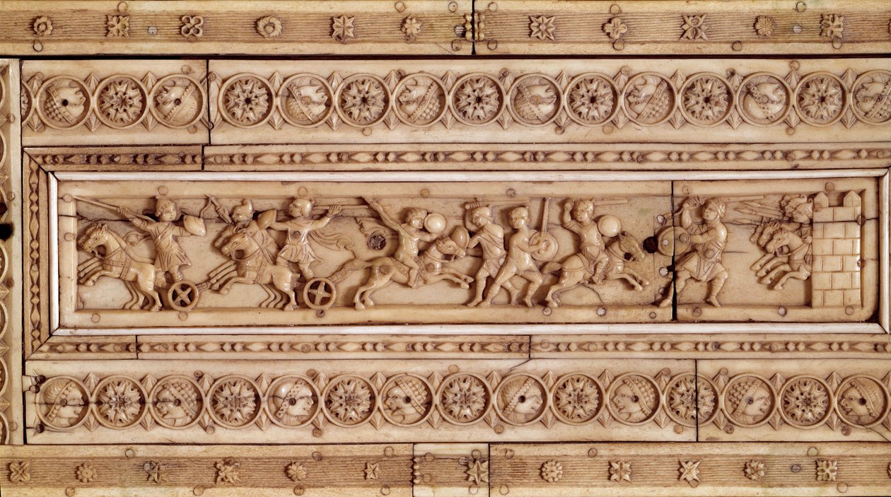 Art of the Byzantine Empire: Combat Scene. Reliefstrumpor i elfenben. Övre del av en låda (900-talet). Musee Cluny, Paris. av Byzantine