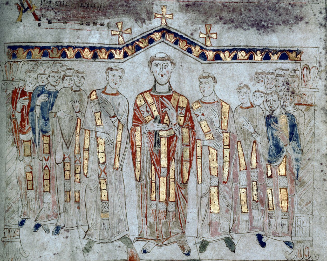 Bysantinsk konst: "" Församling av kapitlet i Cathedrale of Gaete (Gaeta) sammansatt av eveques och diakoner""" Miniatyr hämtad från "Exultet"" från början av 1000-talet Museo Diocesano, GaETA av Byzantine