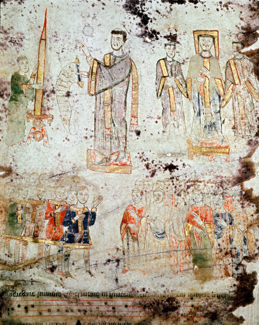 Bysantinsk konst: "" Ceremoni för välsignelsen av påskljuset i närvaro av eveque, medlemmarna av prästerskapet och herrarna (patricius) i staden Gaete (Gaeta) i Italien"" Miniatyr från "Exultet" från Museo i början av 1000-talet av Byzantine