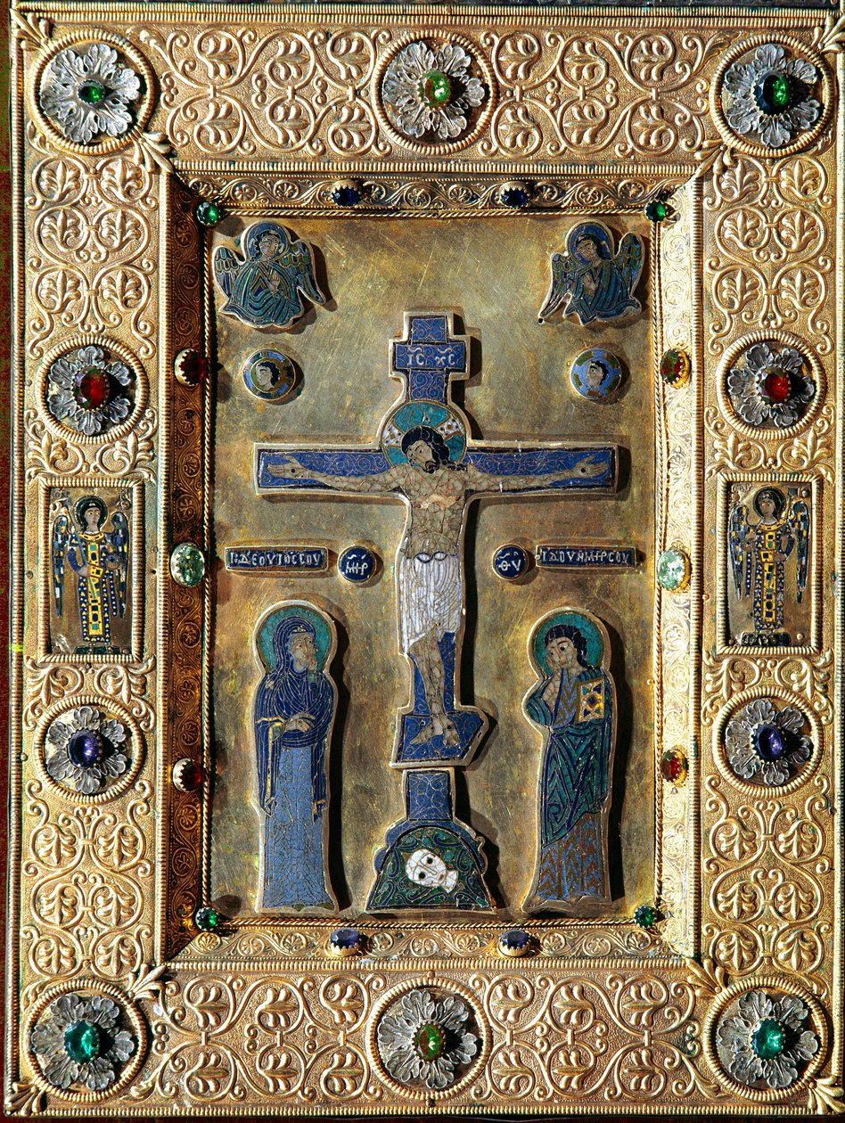 Bysantinsk konst: Evangelisk av guld och emalj dekorerad med bladguld avvisar med filigrankrucifix som representerar Jungfrun och Sankt Johannes. 1100-1200-talets Venedig tesoro av San Marco (tresor av Sankt Markus) av Byzantine