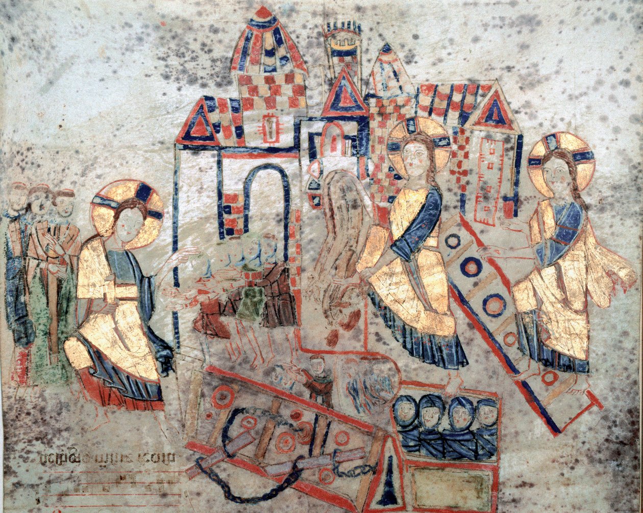 Bysantinsk konst: "" Representation av Frälsaren Kristus som skär ner underjordens portar, krossar Satan och befriar själar""" Miniatyr från "Exultet"" från början av 1000-talet Museo Diocesano, Gaeta av Byzantine