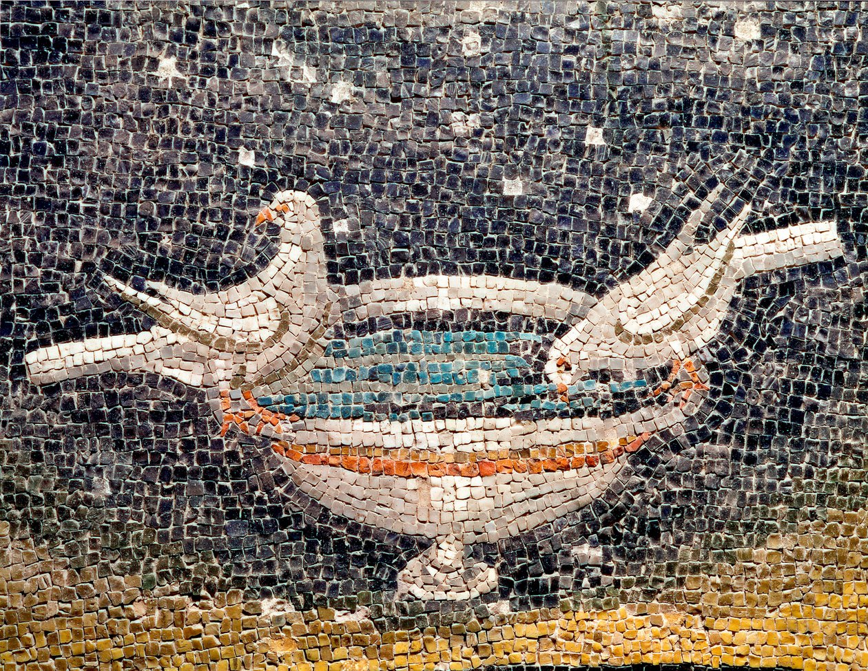 Bysantinsk konst: "Duvor som dricker vid fontänen" Detalj av en mosaik. 425 ca. Mausolee av Galla Placidia (390-450), romersk kejsarinna. Ravenna Italien av Byzantine