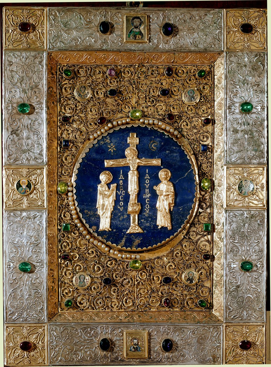 Bysantinsk konst: omslaget av en evangelisk dekorerad med bladguld avvisar med filigrankrucifix som representerar Jungfrun och Sankt Johannes. 1200-talet. Venedig tesoro de San Marco (skattmästare i Sankt Markus) av Byzantine