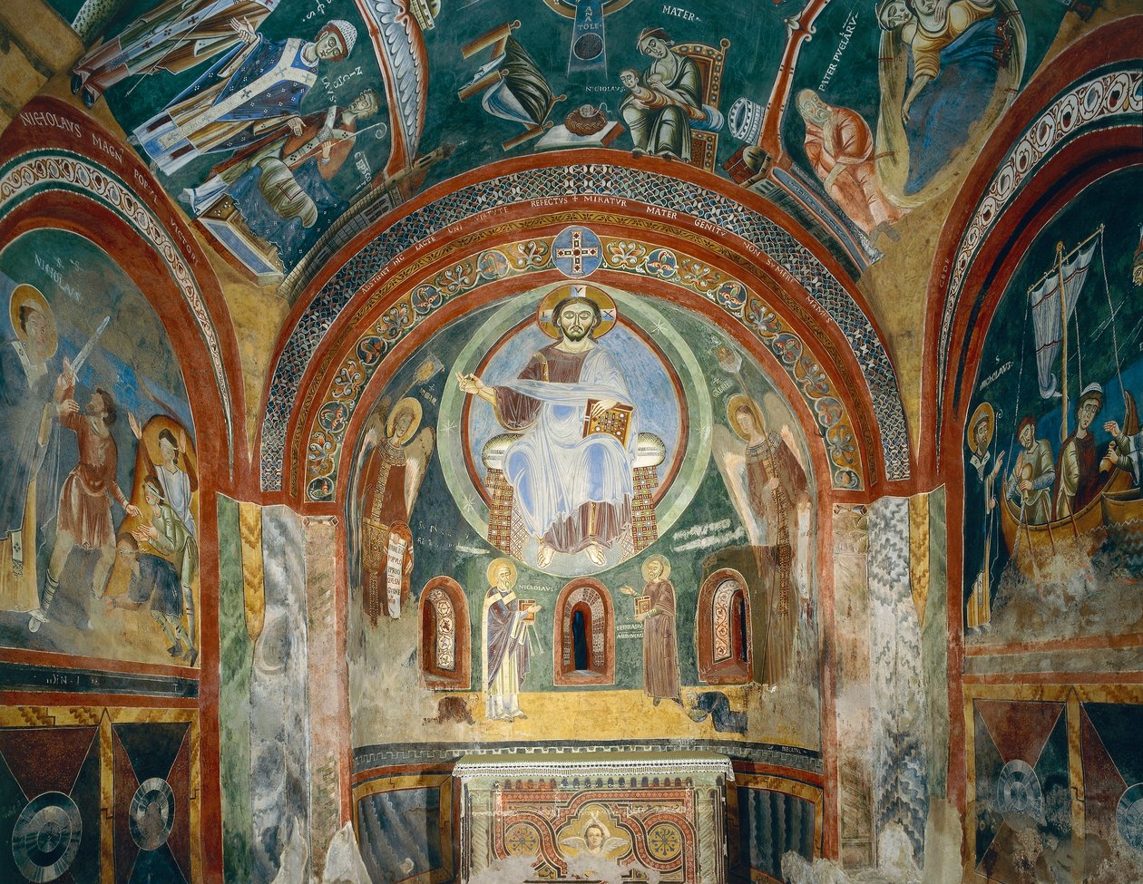 Kapell av Saint Eldrad och Saint Nicholas med romanska fresker i bysantinsk stil, sent 1000-tal, Novalesa Abbey, Piemonte, Italien av Byzantine