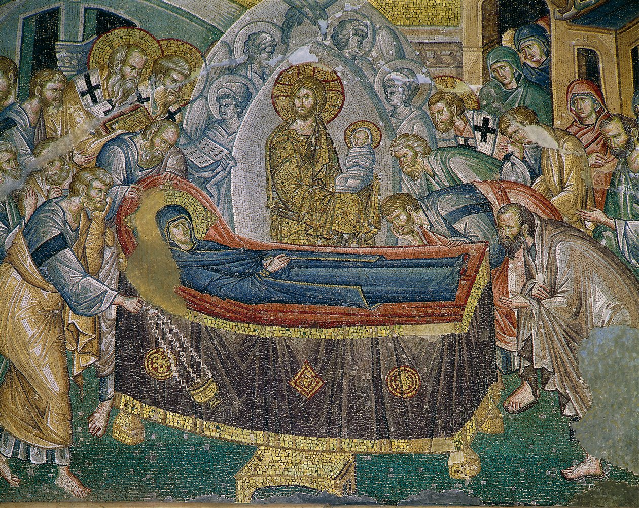Dormition (Marys död), fresk i Kariye Camii (st Sauveur i Chora Church, Istanbul, Turkiet (fresk) av Byzantine