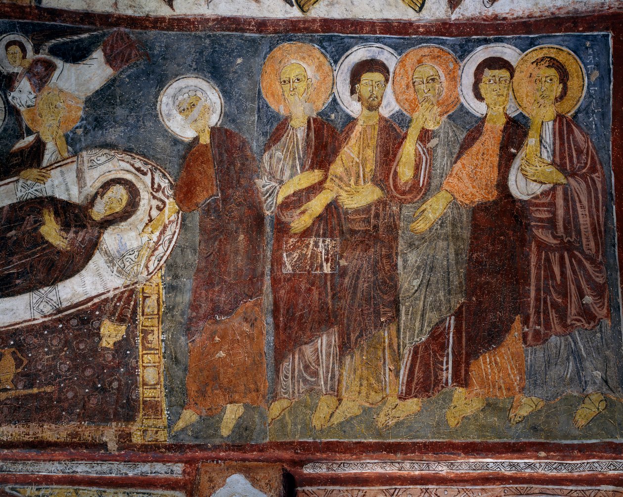 Jungfruns sovande bland apostlar, detalj, bysantinsk fresk (1200-talet), Gulsehir Karsi Kilise (S:t Johannes kyrka), Goreme (Unescos världsarvslista av Byzantine