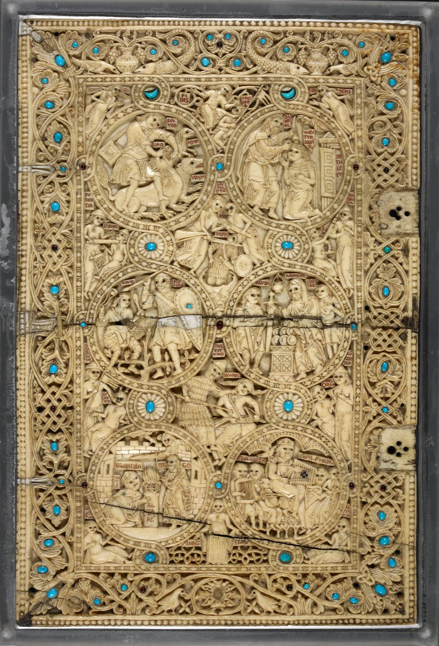 Egerton MS 1139 övre omslag med scener ur Davids liv, 