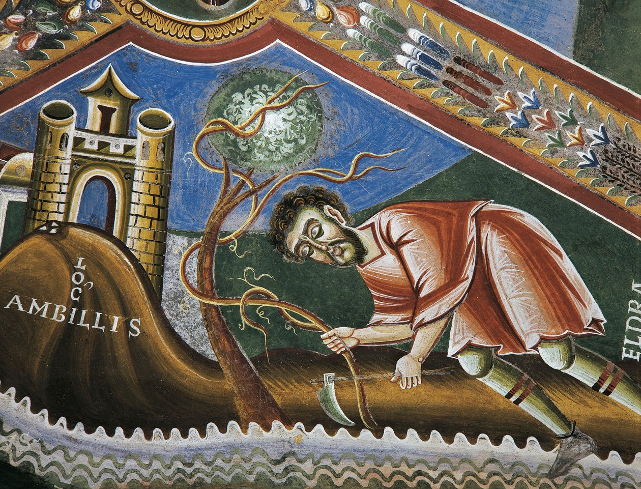 Eldrads jordbearbetning i Ambilly, Provence, Detalj från berättelser om Saint Eldrads liv, romanska fresker i bysantinsk stil, sent 1000-tal, Kapellet Saint Eldrad och Saint Nicholas, Novalesa Abbey, Piemonte, Italien. av Byzantine