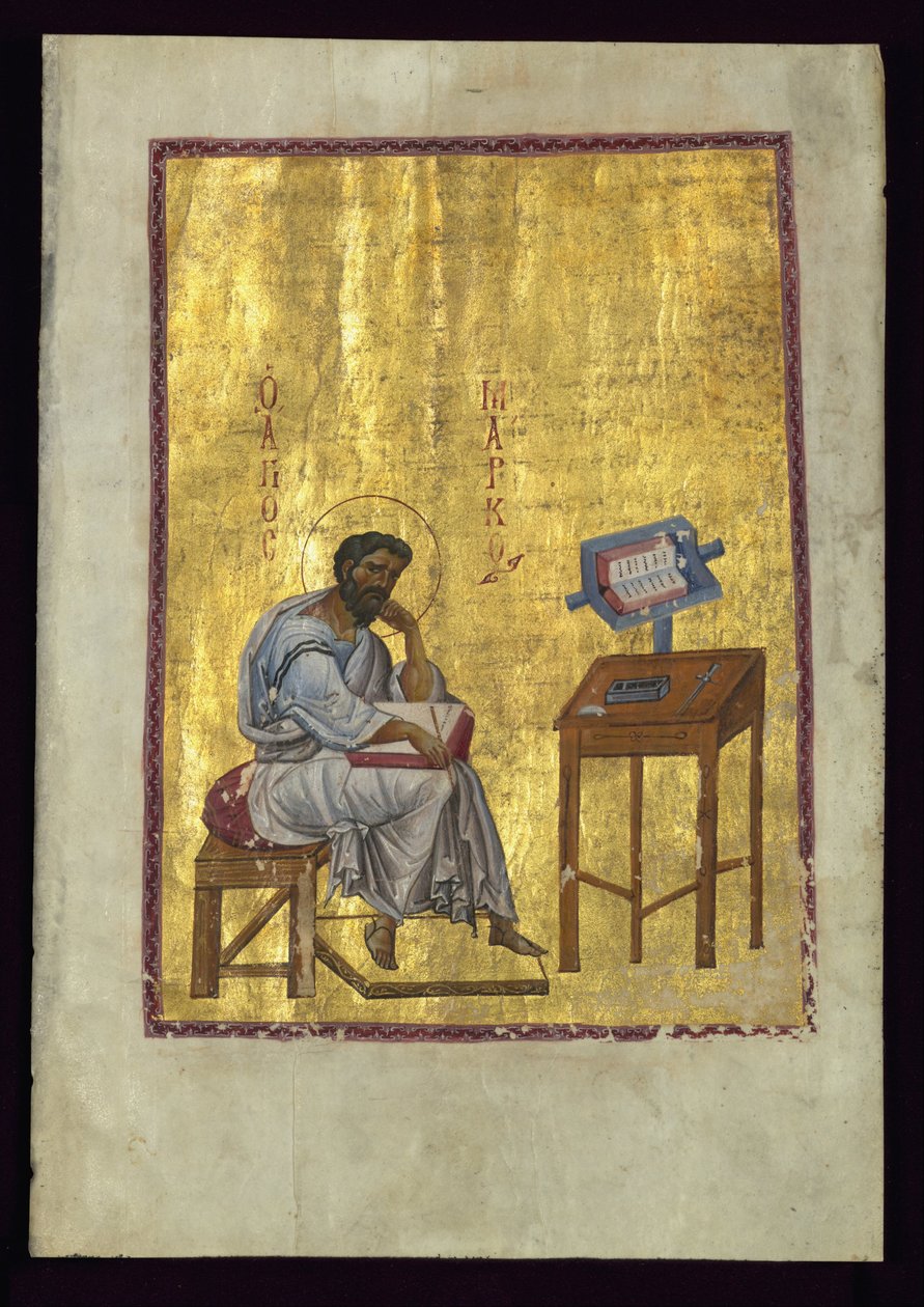 Evangelisten Mark sitter i sin studie av Byzantine
