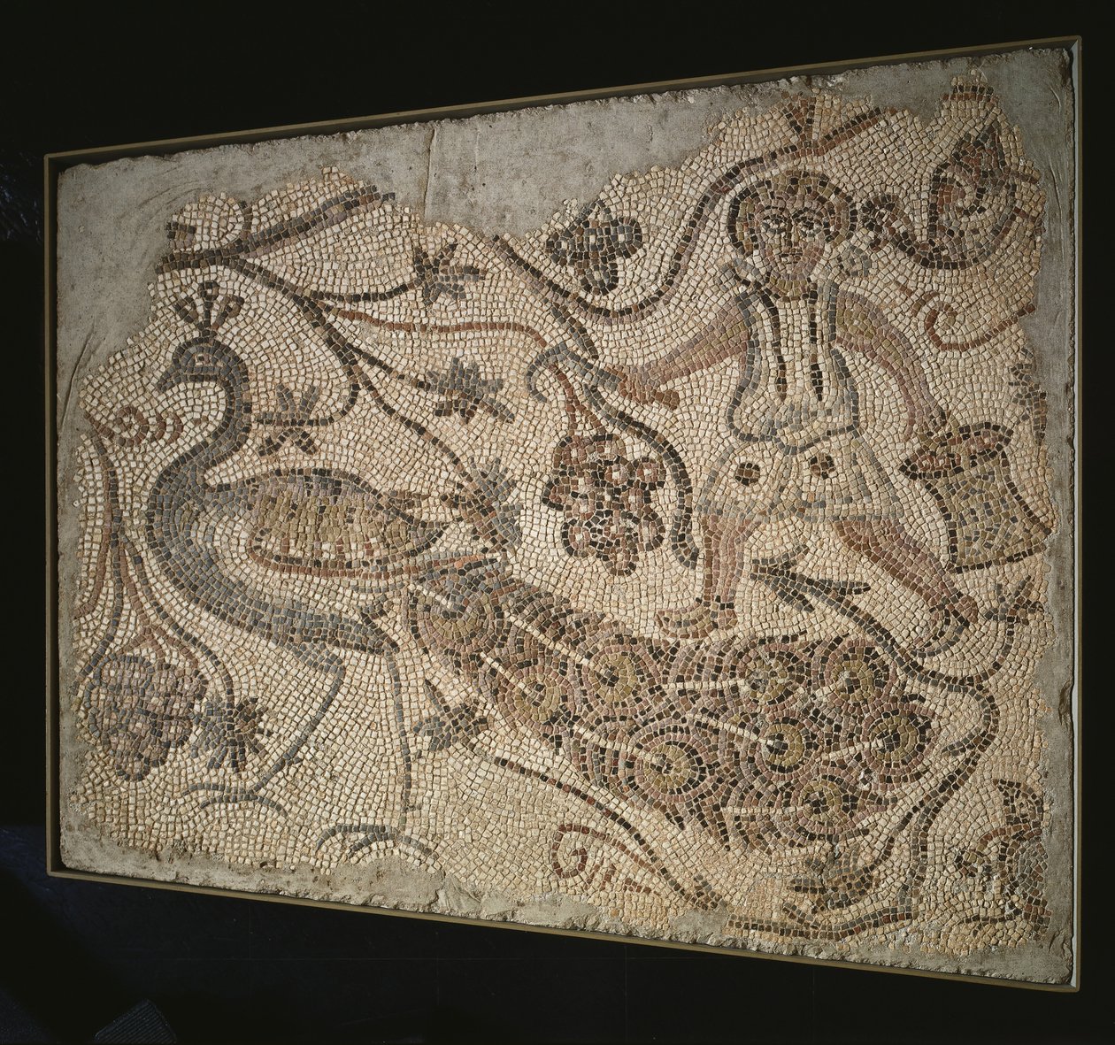 Golvmosaikpanel: Druvskördare med påfågel, 400-tal av Byzantine