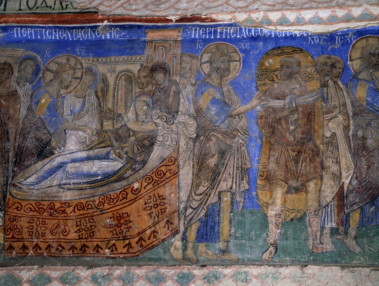 Healing av Simon Peters svärmor och paralytiske man, bysantinsk fresk (1100-talet), Tokali Kilise (Spännekyrkan) (1100-1200-talet), Goreme (Unescos världsarvslista av Byzantine
