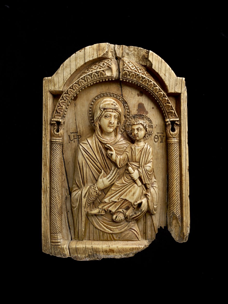 Ikon av Jungfru Hodegetria som gör en gest mot Kristusbarnet som sitter på hennes vänstra arm, håller en skriftrulle i sin vänstra hand och välsignar med sin högra av Byzantine