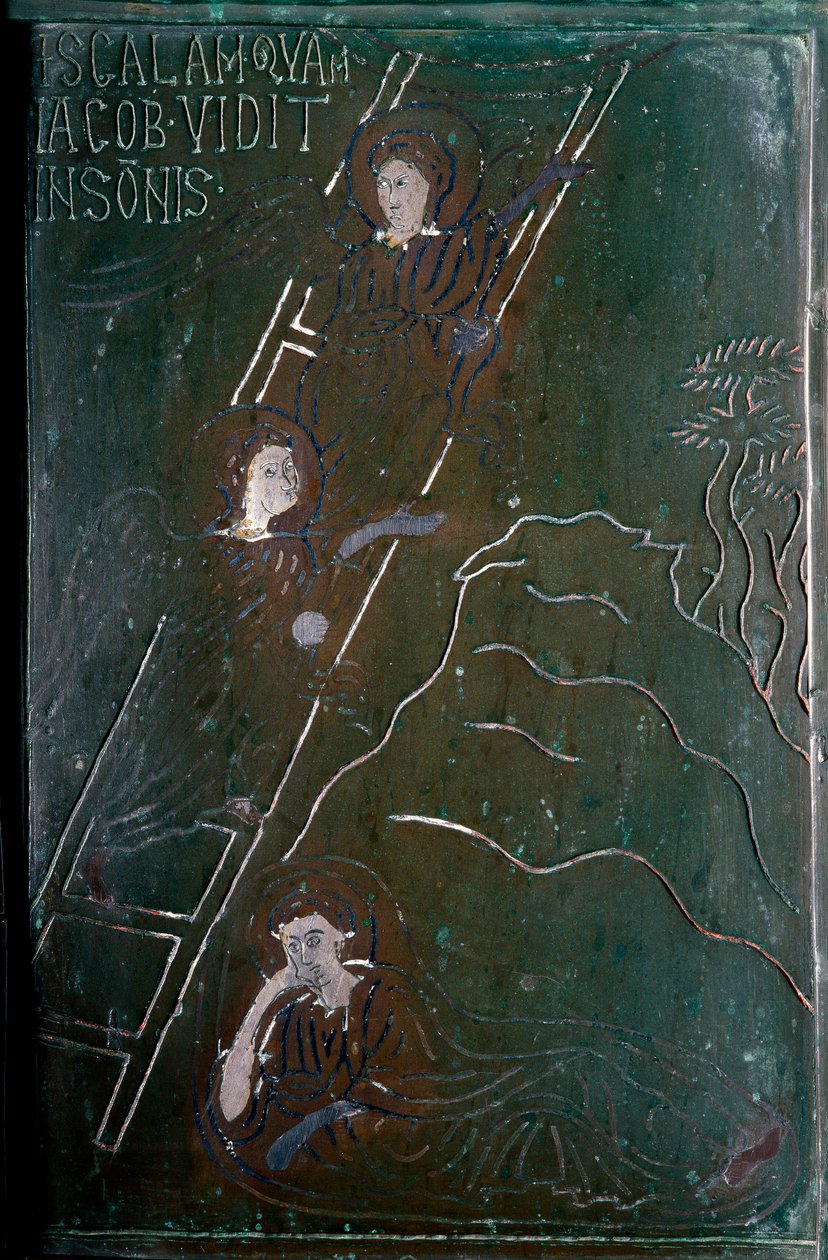 Jakob ser i dröm änglarna stiga upp och ner på bronsdörrsskalan tillverkad i Konstantinopel 1076. Monte Sant 