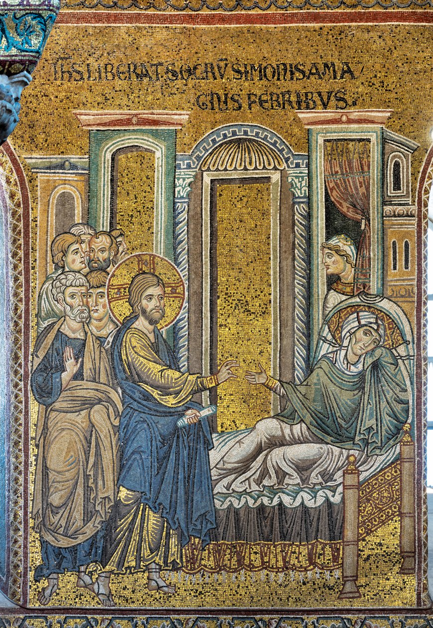 Jesus helade Simons svärmor från feber, bysantinsk mosaik, avsnitt ur Kristi liv, XII-XIII århundraden (mosaik) av Byzantine