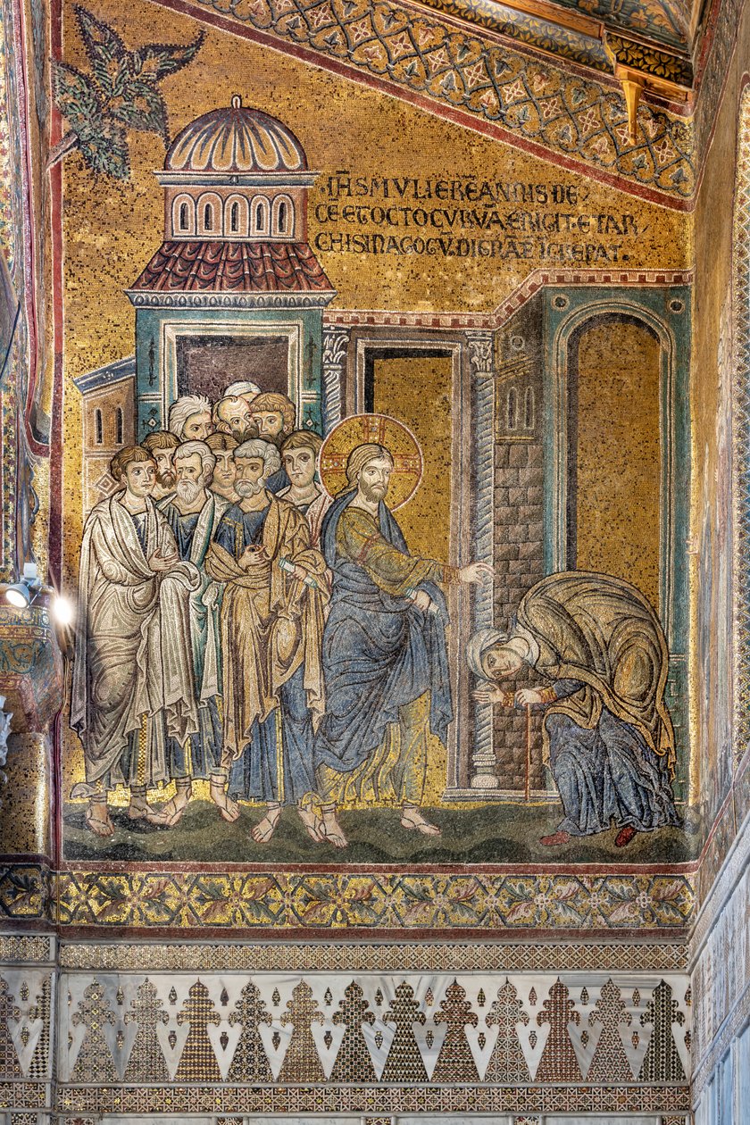 Jesus botar den puckelryggiga kvinnan från hennes puckel, bysantinsk mosaik, avsnitt ur Kristi liv, XII-XIII århundraden (mosaik) av Byzantine