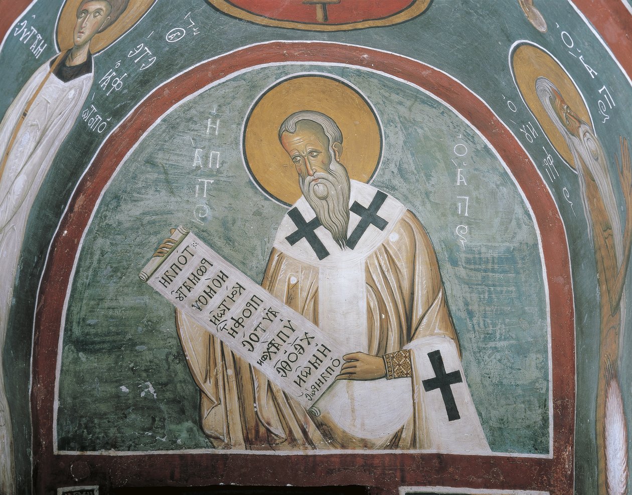 Målningar av ett helgon som håller ett brev, St. Ignatius av Antiokia, Panagia Too Araka, Lagoudera, Cypern av Byzantine