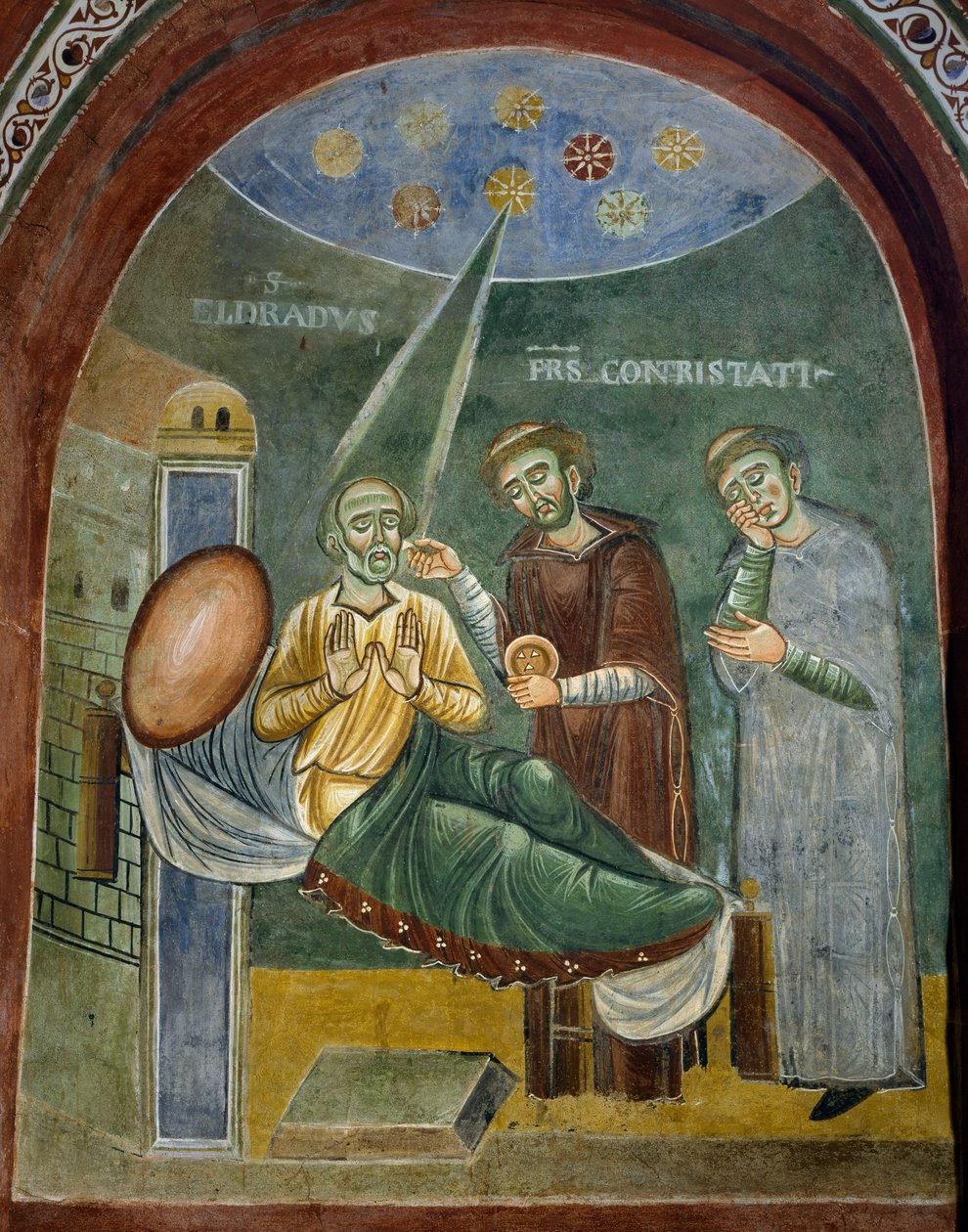 Saint Eldrad döende tar emot nattvarden, detalj från berättelserna om Saint Eldrad, romansk fresk, bysantinsk stil, sent 1000-tal, kapellet Saint Eldrad och Saint Nicholas, Novalesa Abbey, Piemonte, Italien. av Byzantine