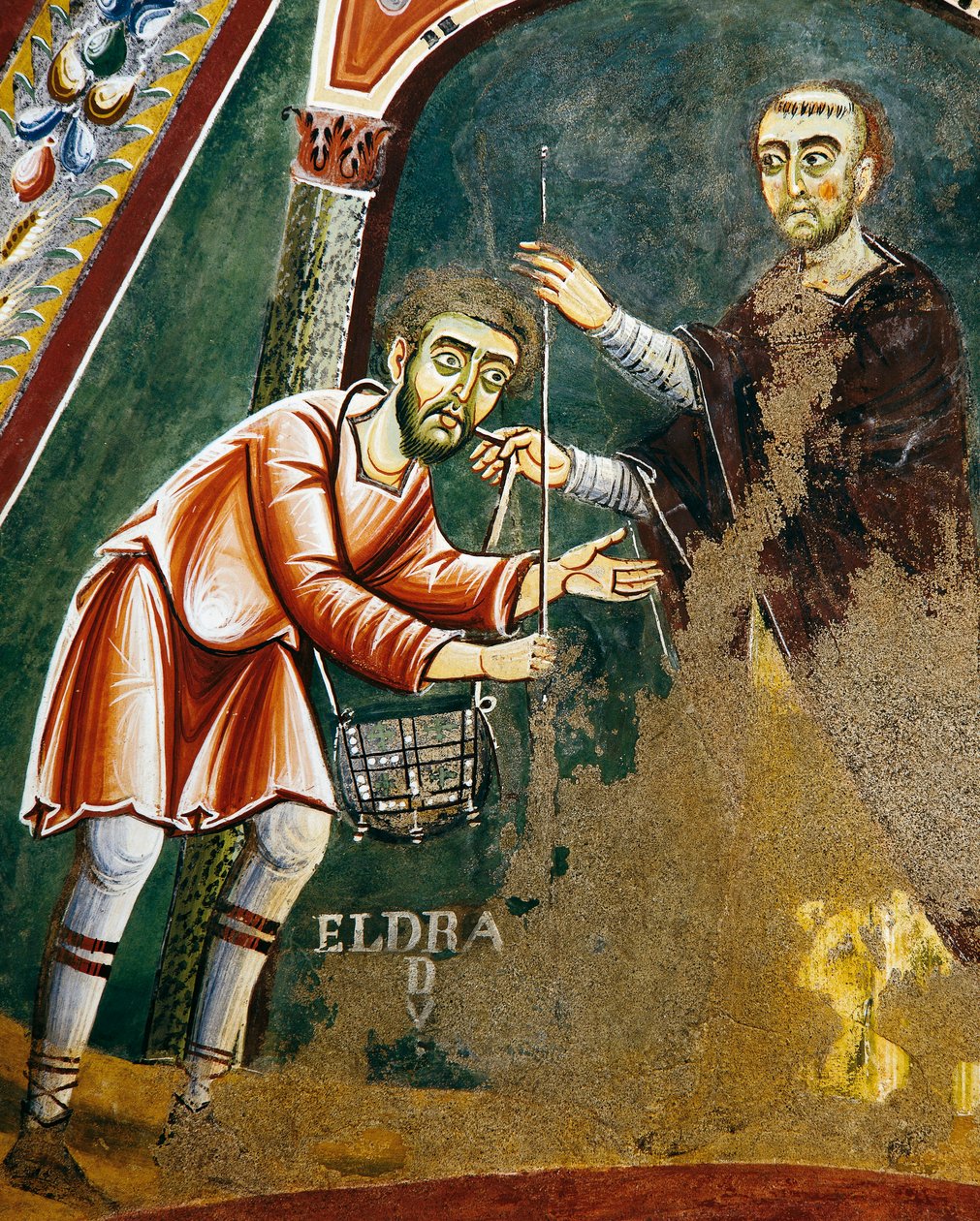 Saint Eldrad på väg till Santiago de Compostela, detalj från berättelserna om Saint Eldrads liv, romansk fresk, bysantinsk stil, sent 1000-tal, kapellet Saint Eldrad och Saint Nicholas, Novalesa Abbey, Piemonte, Italien. av Byzantine