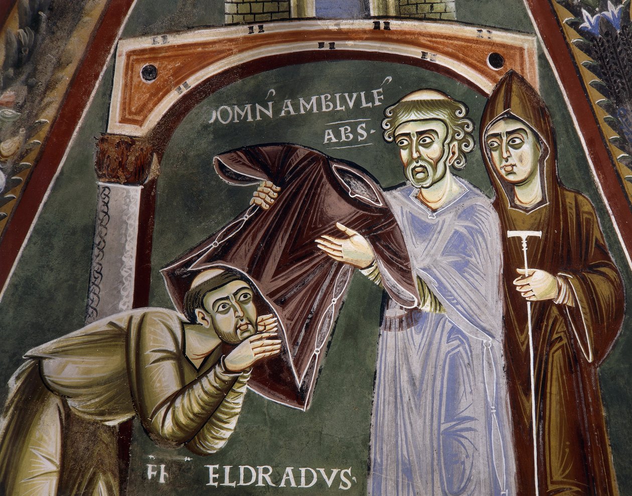 Saint Eldrad återvänder från Santiago de Compostela och får religiösa vanor från abboten av Novalesa, Stories of life of Saint Eldrad, romansk fresk, bysantinsk stil, Chapel of Saint Eldrad och Saint Nicholas, Novalesa Abbey, Piemonte, Italien. av Byzantine