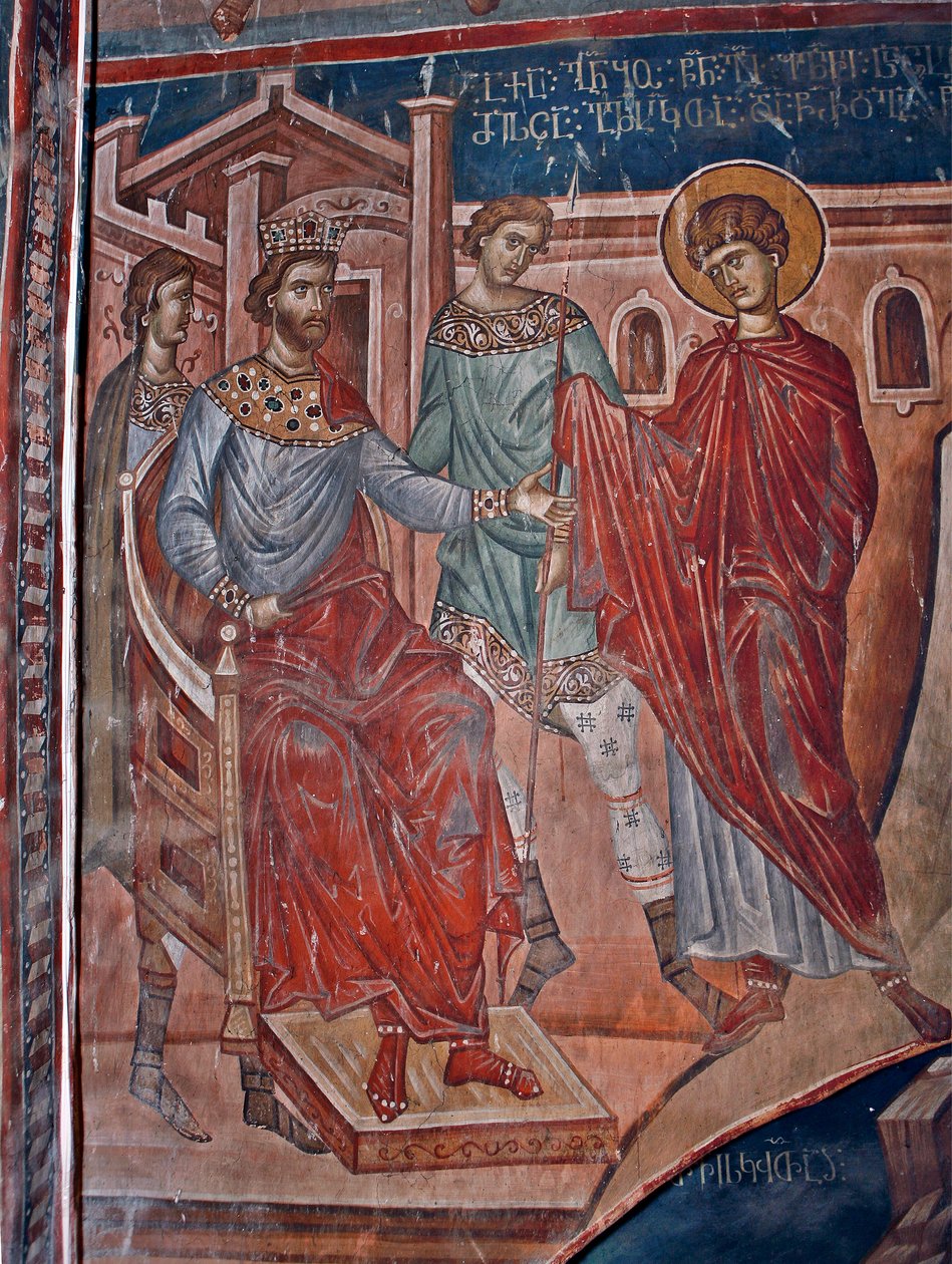 Saint George före kejsar Diocletianus (244-311) - Saint George före kejsar Diokletianus - Målning av Damiane (aktivt 1300-tal) - 1300-tal - Fresk - Saint George