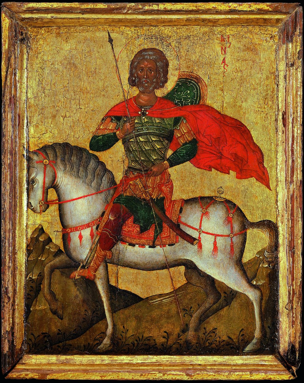 Saint Menas (Minas, Mina, Mena, Mennas, 285-309) till häst - bysantinsk ikon. Tempera på panel, 1400-talets mitt. Mått : 27,3x22 cm Ikonen Museum Recklinghausen av Byzantine