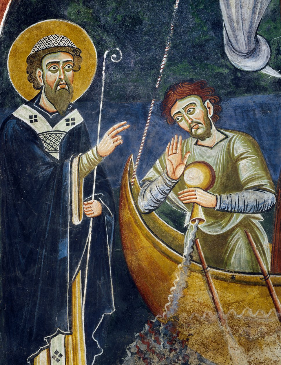 Saint Nicholas räddar pilgrimer från skeppsbrott, Detalj från berättelserna om Saint Nicholas, romansk fresk, bysantinsk stil, sent 1000-tal, kapellet Saint Eldrad och Saint Nicholas, Novalesa Abbey, Piemonte, Italien. av Byzantine