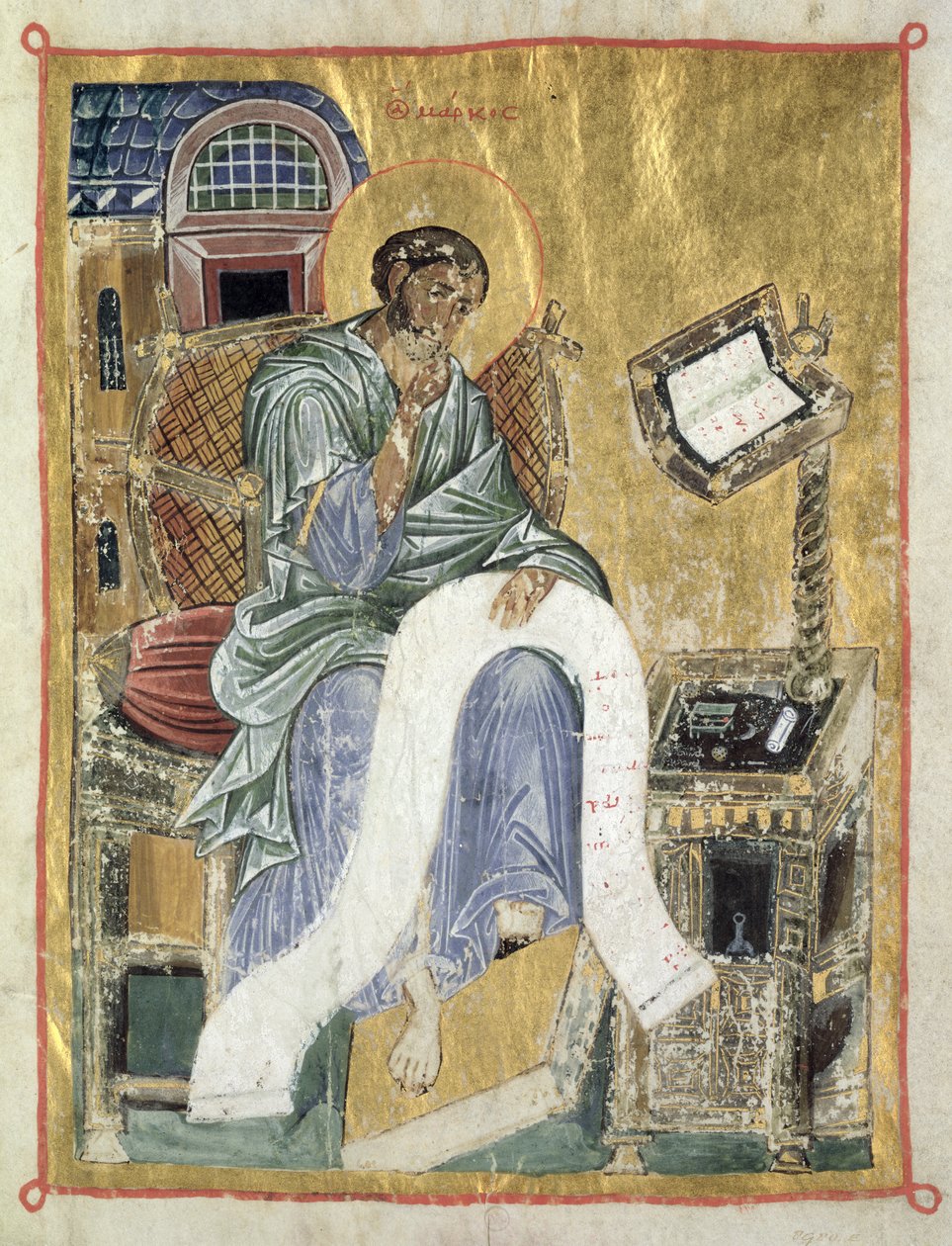 Markus skriver sitt evangelium (blad från en psaltare) (vellum) av Byzantine