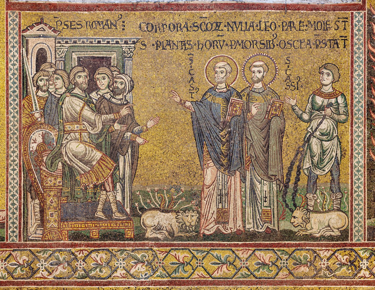 St Cassius och St Casto före kejsaren, bysantinsk mosaik, XII-XIII-talet, på motfasaden (mosaik) av Byzantine