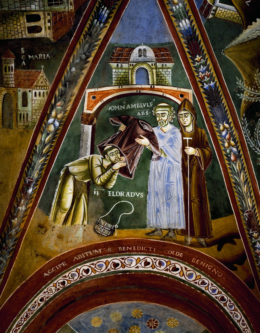 St Nicola, berättelser om livet för St Eldrad och St Nicholas, St Eldrado vände sig mot St James of Compostela: tar emot en klostervana från Abbot of Novalesa, detalj av Byzantine