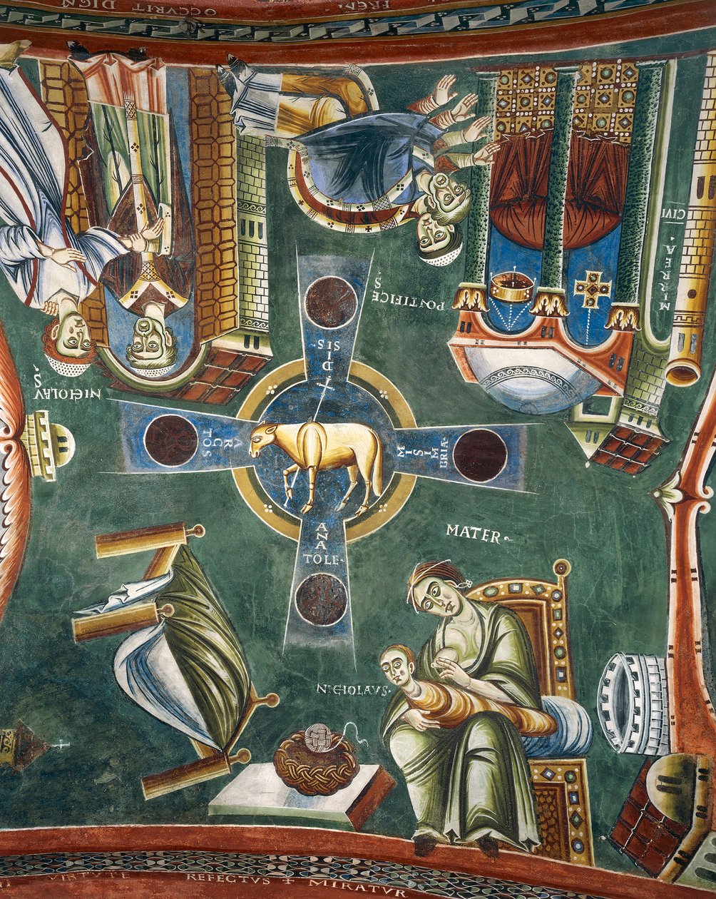 Berättelser från Sankt Nikolaus liv, Detalj av romanska fresker i bysantinsk stil, sent 1000-tal, Kapellet Saint Eldrad och Sankt Nikolaus, Novalesa Abbey, Piemonte, Italien av Byzantine