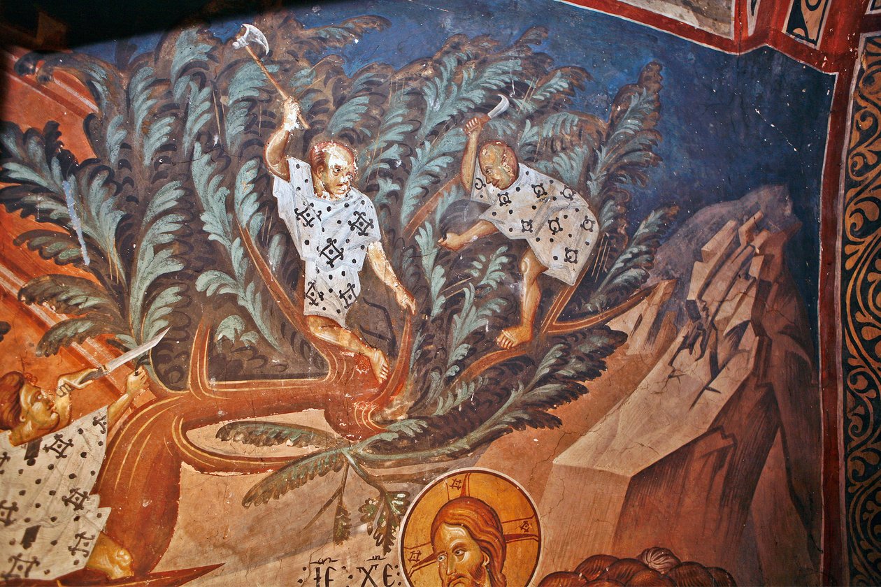 Kristi inträde i Jerusalem. Detalj: Barn som skär palmgrenar - Peinture de Damiane (aktivt 1300-tal) - 1300-tal - Fresco - Saint George