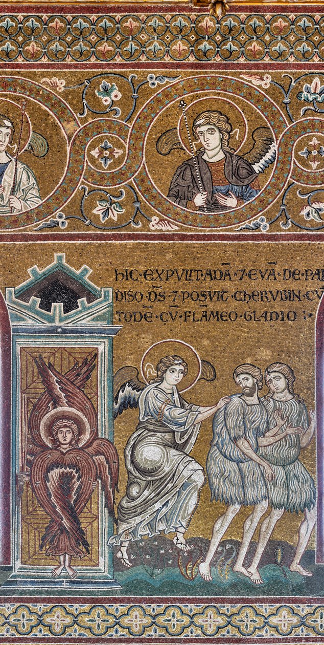 Utvisningen från det jordiska paradiset, bysantinsk mosaik, Gamla testamentets cykel-jordiska paradiset, XII-XIII-talet (mosaik) av Byzantine