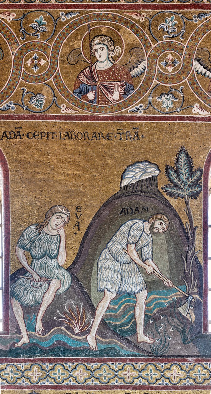 Adams och Evas arbete och arbete, bysantinsk mosaik, Gamla testamentets cykel-jordiskt paradis, XII-XIII-talet (mosaik) av Byzantine