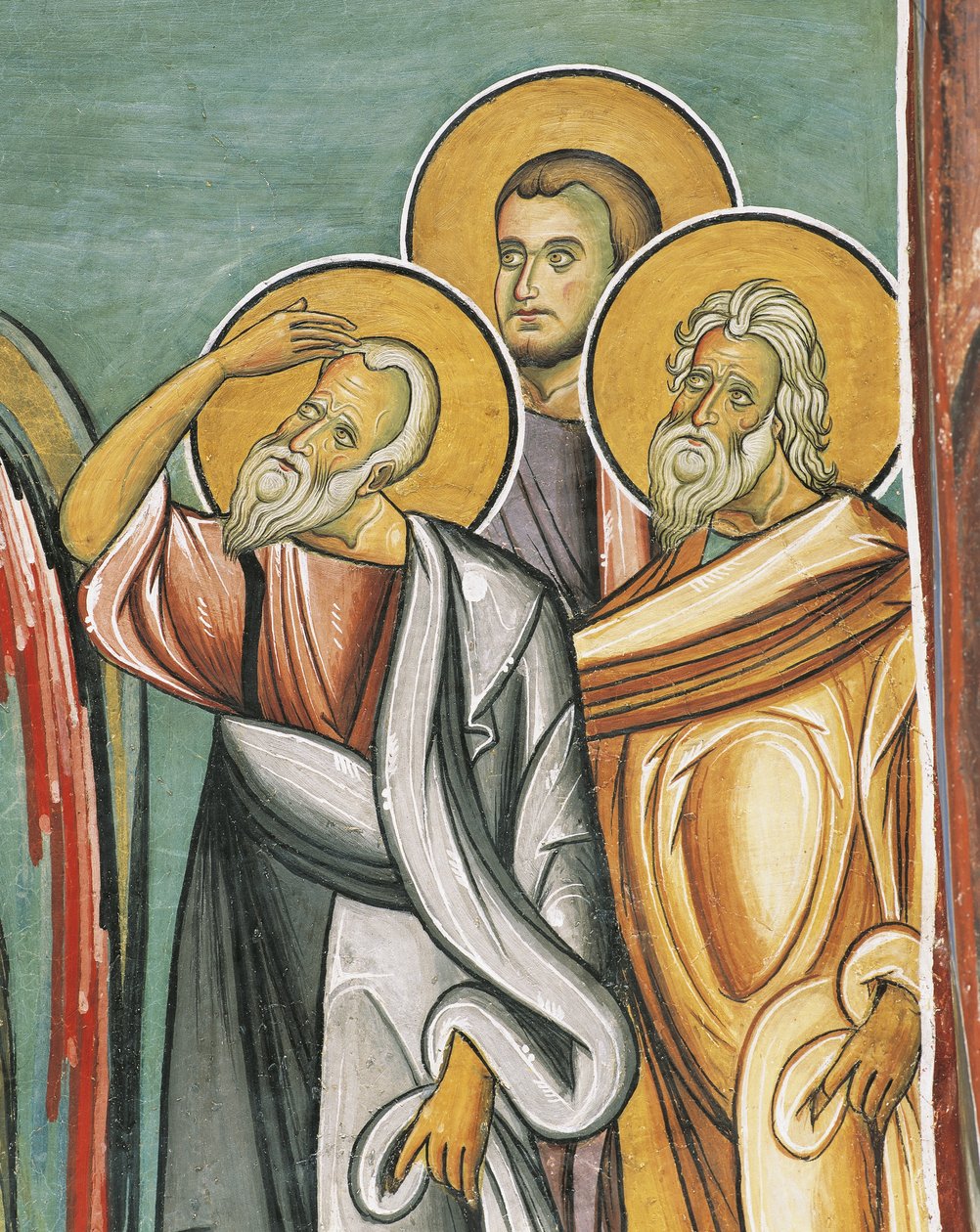 Tre personer i en kyrka, Panagia tou Araka, bysantinska, Troodosbergen, Cypern av Byzantine