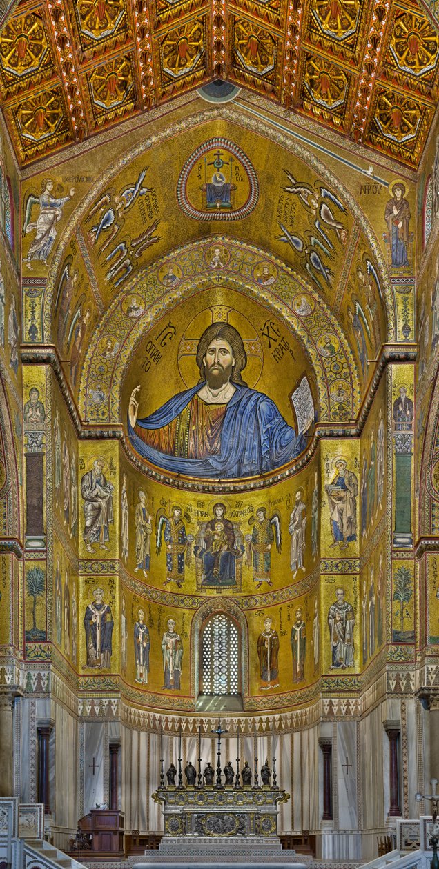 Utsikt över absiden med de bysantinska mosaikerna utförda mellan 1200- och mitten av 1200-talet av delvis lokala och delvis venetianska arbetare, inklusive den berömda Kristuspantokratorn (mosaik) av Byzantine