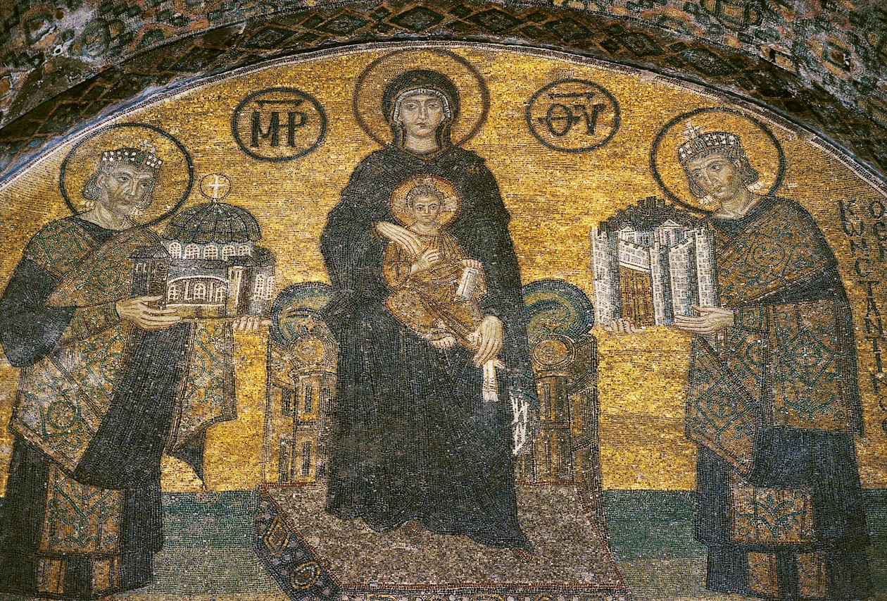 Jungfru och barn mellan kejsarna Justinianus och Konstantin vid Hagia Sofia (mosaik) av Byzantine
