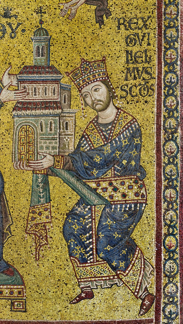 tvärskepp: den bysantinska mosaiken som föreställer kung Vilhelm II som erbjuder katedralen till Jungfru Maria, detalj (mosaik) av Byzantine