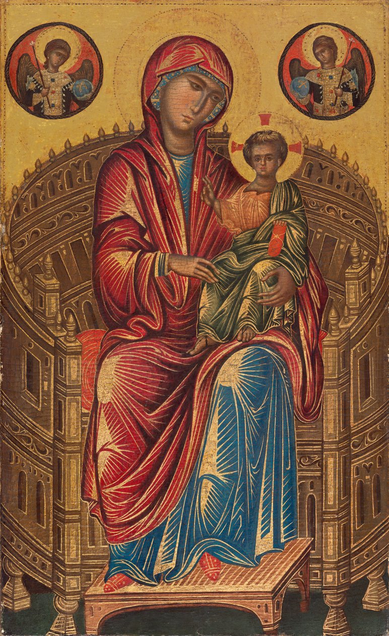 Madonna och barn på en krökt tron av Byzantine 13th Century