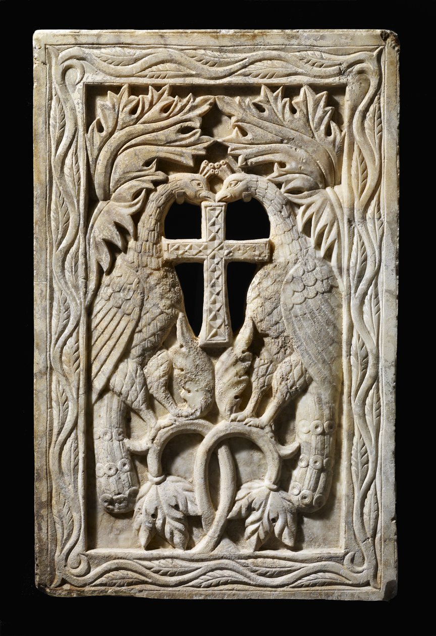 Panel med två påfåglar, 501-700 (alabaster) av Byzantine Byzantine