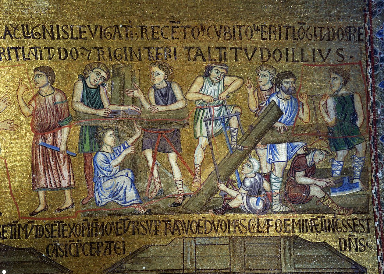 Story of Noah: Arkens byggnad Detalj av inre mosaiker i St. Marks-basilikan, 1000-talet av Byzantine Byzantine