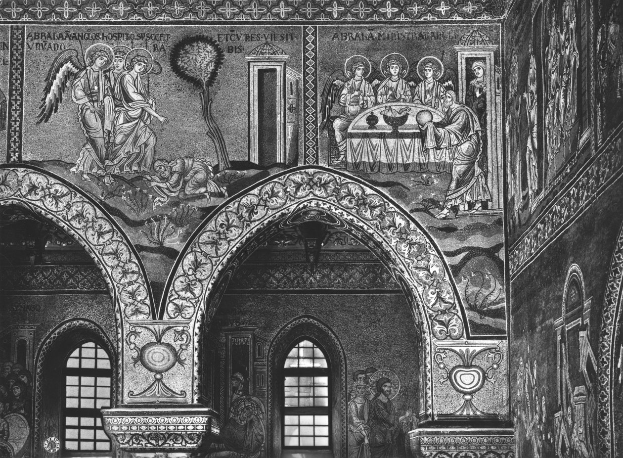 Appearance of the Three Angels to Abraham and the hospitality of Abraham, c.1182 (mosaic)  av Byzantine School