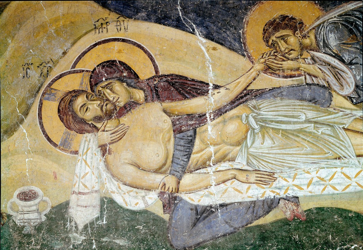 Bysantinsk konst: "Klagan över Kristi död"" Målares fresk från 1100-talet. Detalj. Nerezi, San Pantaleimone, Macedoine av Byzantine School