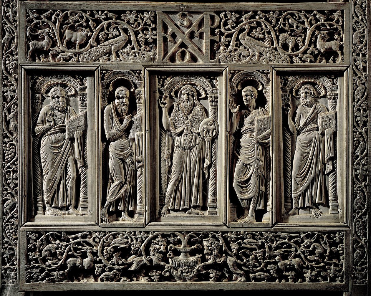 Bysantinsk konst: "" Johannes Döparen och de fyra evangelisterna"" underlägsen detalj av ordföranden för eveque of Ravenna Maximien (546-554) trone biskopsstol (cathedra) i elfenben, realiserar förmodligen en Constantinople Ravenna, Museo Arcivescovile (by av Byzantine School