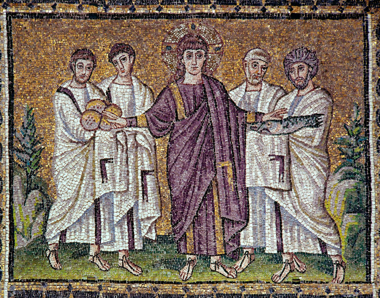 Bysantinsk konst: "Mångfaldigandet av bröd och fisk" Mosaik från 600-talet. Basilikan Saint Apollinar the Nine i Ravenna (Sant
