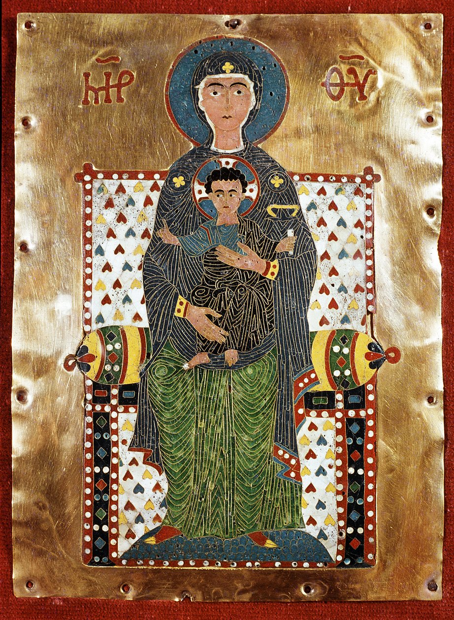 Bysantinsk konst: "Jungfru med barn" (Jungfru med barn) Emaux du 12th century (Emalj av Byzantine School