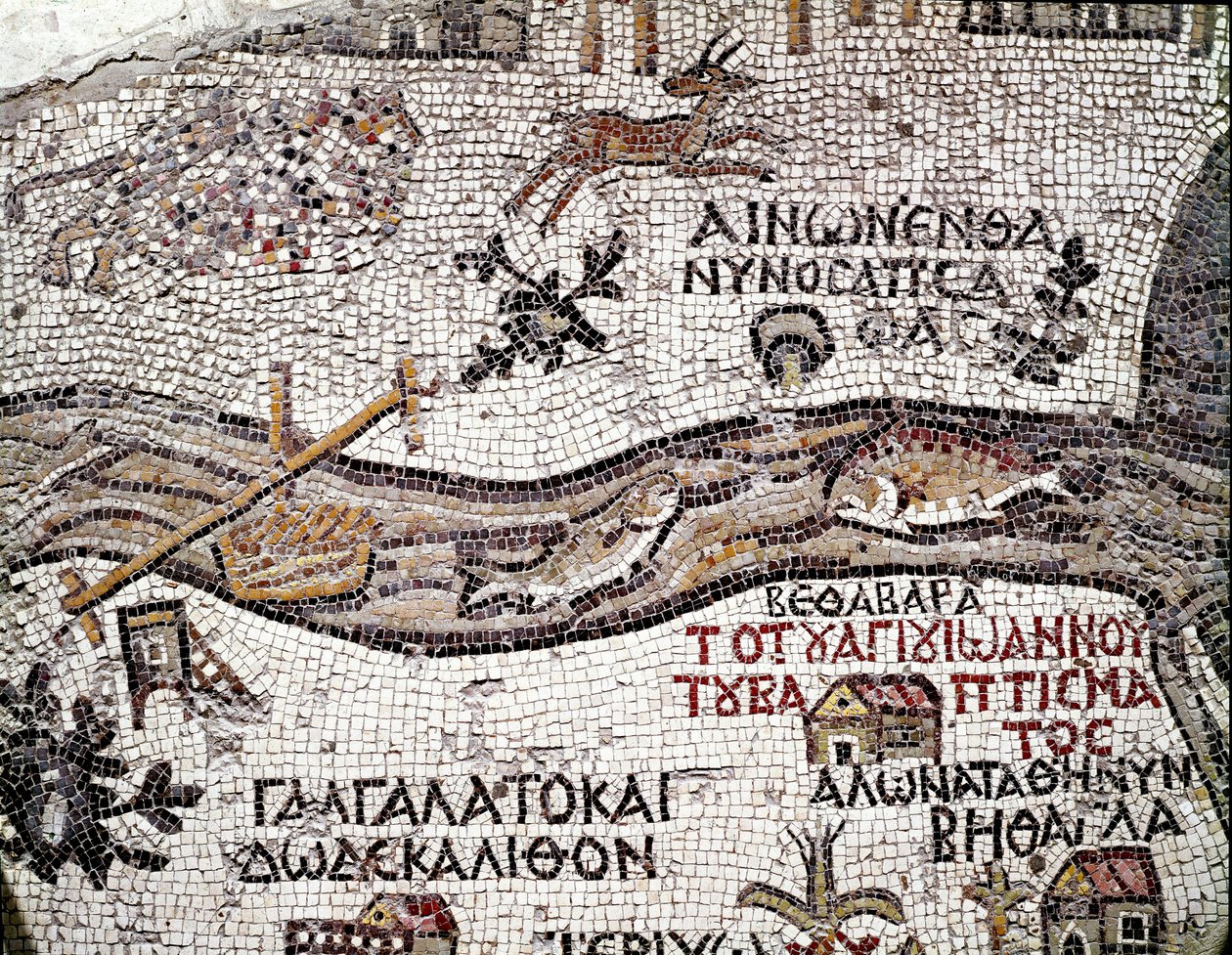 Bysantinsk konst: äldsta kartan över Palestina. Detalj som visar floden Jordan och dess mynning vid Döda havet. Mosaik från 600-talet. Madaba, St. George-kyrkan av Byzantine School