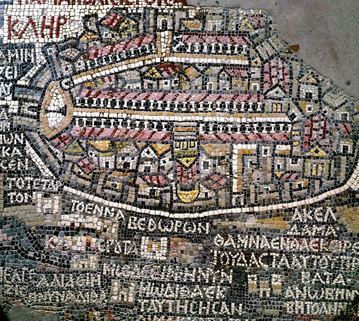 Bysantinsk konst: äldsta kartan över Palestina. Detalj som representerar Jerusalem. Mosaik från 600-talet. Madaba, St. George-kyrkan av Byzantine School