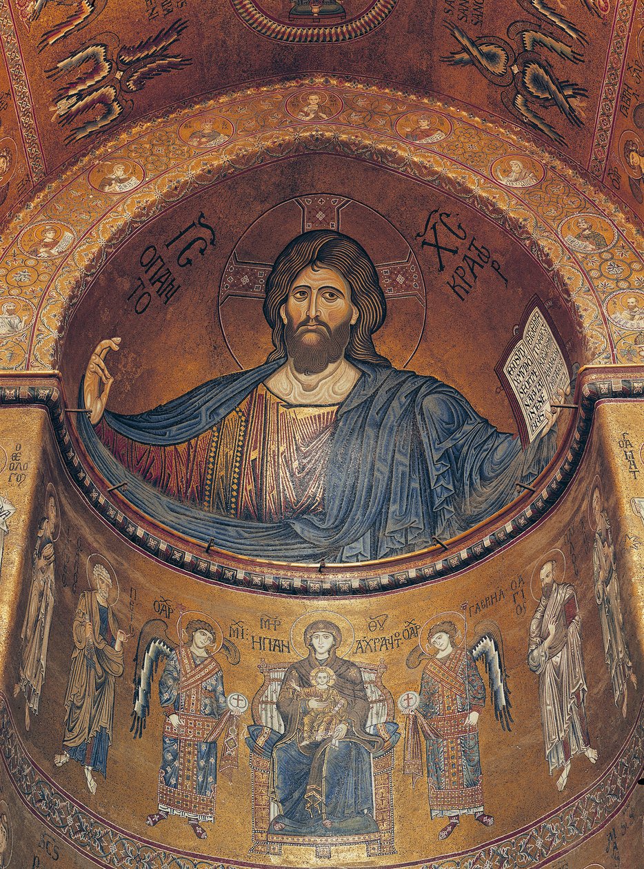 Kristus Pantokrator och Madonnan som tronar med änglar och apostlar, från den centrala absiden (mosaik) av Byzantine School